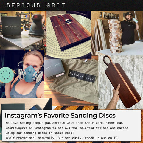 Collage featuring Five Inch 8 Hole Sanding Discs Assortment for Random Orbital Sanders 50 Pack Box used in various crafts.