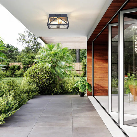 Adjustable Outdoor Motion Sensor Ceiling Light With Ten Inch Flush Mount Sleek Square Modern Industrial Design Two Light Clear Glass For Porch