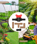 One Half Inch Drip Irrigation Fittings Kit with 4 switch valve and connectors shown in garden, greenhouse, farm, courtyard settings