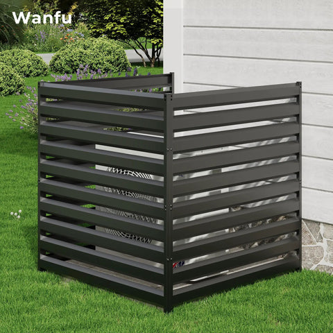 Black Metal Outdoor Privacy Screen Fence Panels 42 Inch High 38 Inch Wide Two Panel Enclosure for air conditioner next to wall