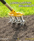 Close-up of Heavy Duty Rotary Cultivator With Extra Large Tines And 74 Inch Long Handle for soil preparation