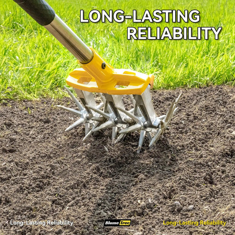 Close-up of Heavy Duty Rotary Cultivator With Extra Large Tines And 74 Inch Long Handle for soil preparation