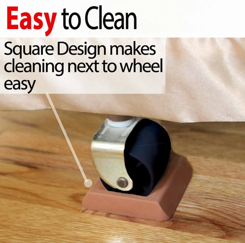 Universal Bed Wheel Stopper Set Six Pack For Furniture Casters, rubber caster cup on hardwood floor under furniture wheel.