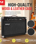Portable 40 Watt Electric Guitar Amplifier With Dual Inputs And 6 Inch And 8 Inch High Definition Speaker Cones in wood and leather case
