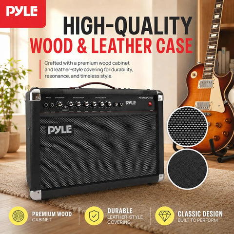 Portable 40 Watt Electric Guitar Amplifier With Dual Inputs And 6 Inch And 8 Inch High Definition Speaker Cones in wood and leather case