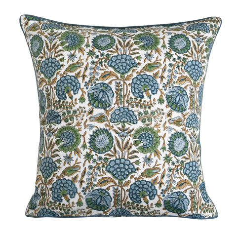 Block Print Asparagus Green Pillow Covers 16x16 Set of 2, front view of floral cotton cover