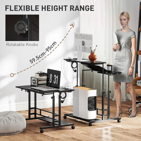 Level Up Your Daily Grind With This Electric Adjustable Standing Desk Featuring A Built In Power Hub With Dual Usb Ports And A Roll Away Storage Shelf In Sleek Black Finish with height adjustment knobs.