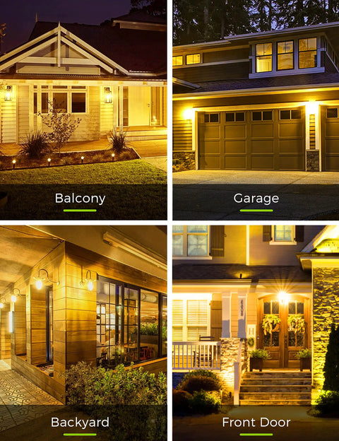 Balcony, garage, backyard, and front door illuminated with Yellow Outdoor Bug Light Bulbs A19 9W Amber 2000K Not Dimmable E26 Base.