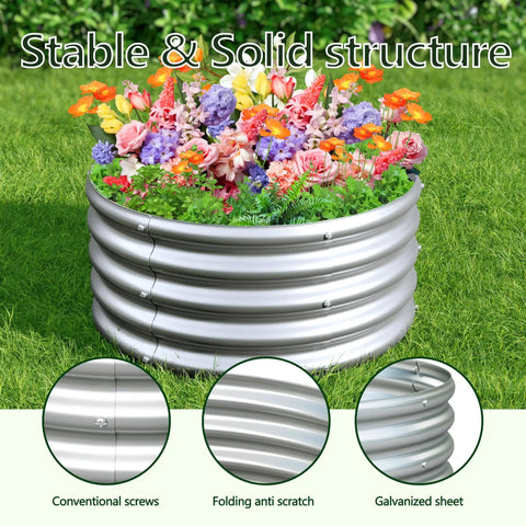 Two Pack Galvanized Round Raised Garden Bed Kit 2x2x1 Feet for veggies herbs flowers outdoor planter box, installed with flowers