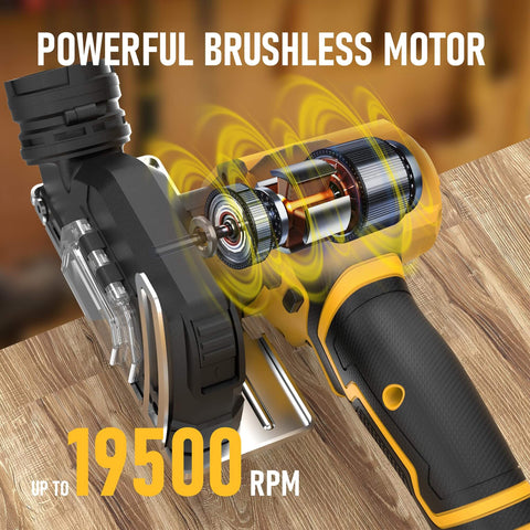 Mini Cordless Circular Saw With Brushless Motor, 3 Inch Blades, 19,500 RPM, showing internal view of motor and power features.