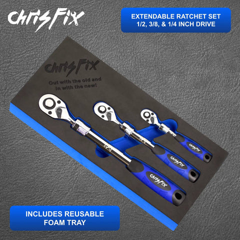 Three Piece Extendable Ratchet Set With Half Inch Drive, Three Eighths Inch Drive, And Quarter Inch Drive in foam tray