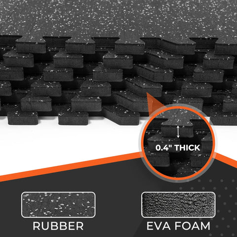 Interlocking Gym Floor Mats With Rubber Top 0.4 Inch Thick 24 Pieces Covering 96 Sq Ft Dual Layer High Density EVA Foam Base With Rugged EPDM Rubber Surface Heavy Duty Home Gym Flooring For Exercise Gear Black And Grey close-up