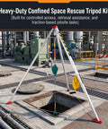 Built Like A Tank Heavy Duty Aluminum Confined Space Tripod Kit For Manhole Rescue With Manual Winch And Self Retracting Lifeline, set up near a manhole.