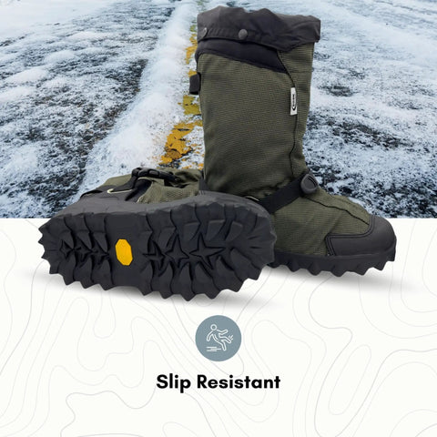 Expandable Insulated Overboots With Threaded Outsole For Everyday Footwear, 2XL, 15 Inch Height on icy road, gray