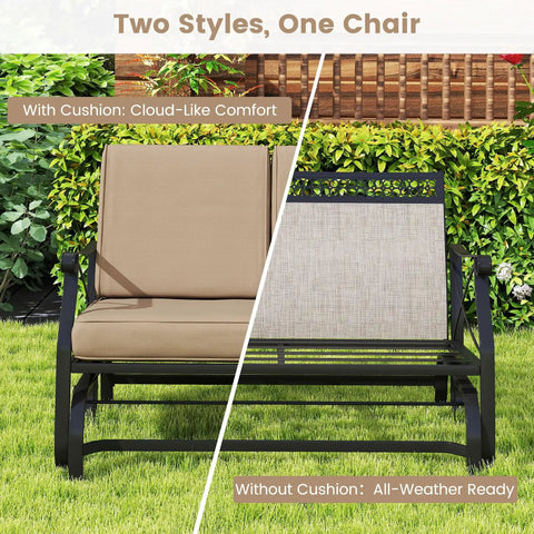Two Person Patio Glider Bench With Comfy Cushions And Breathable Fabric, Outdoor Rocking Loveseat For Porch Or Poolside with and without cushions