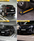 Heavy Duty Rubber Parking Guide Set For Home Garage Two Pack Tough Car Wheel Stopper With Reflective Yellow Tape in use