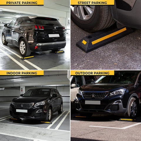 Heavy Duty Rubber Parking Guide Set For Home Garage Two Pack Tough Car Wheel Stopper With Reflective Yellow Tape in use