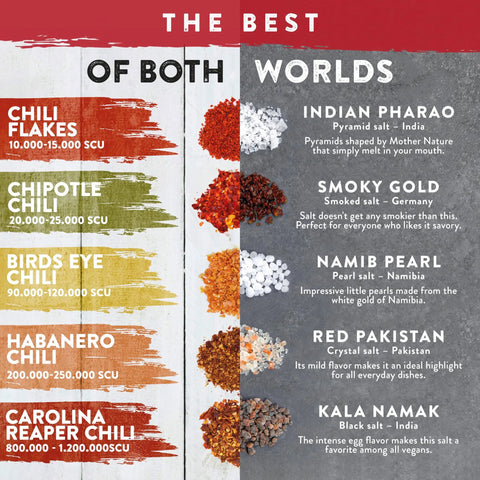 Salt And Chili Gift Kit For Men, chart of five gourmet sea salts and five hot chili varieties with Scoville ratings.