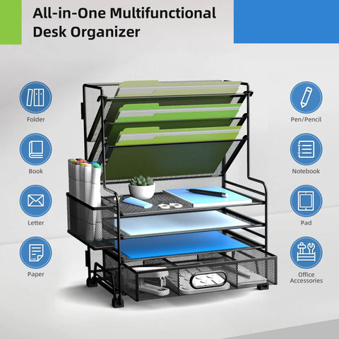 4 Tier Paper Organizer With 3 Pocket File Holder Drawer And Pen Holders Desktop Organizer For Office School And Classroom Black