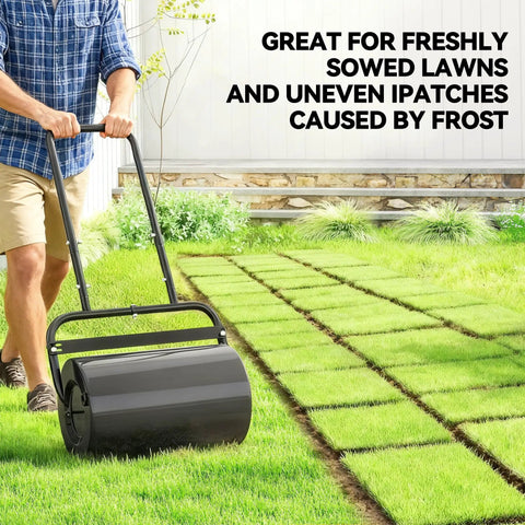 Person using 20 Inch Push And Tow Behind Lawn Roller Filled With 10 Gallons Of Water Or Sand, Heavy Duty Yard Roller for flattening sod