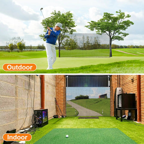 Outdoor and indoor setup of Durable Nylon Golf Practice Net With Rope and Carabiners in use, featuring weatherproof net with 1-inch mesh.