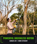 Man using Cordless Pole Saw With 60V Power For Heavy Duty Tree Trimming And Pole Extension 15 Foot Reach 10 Inch Cutting Bar