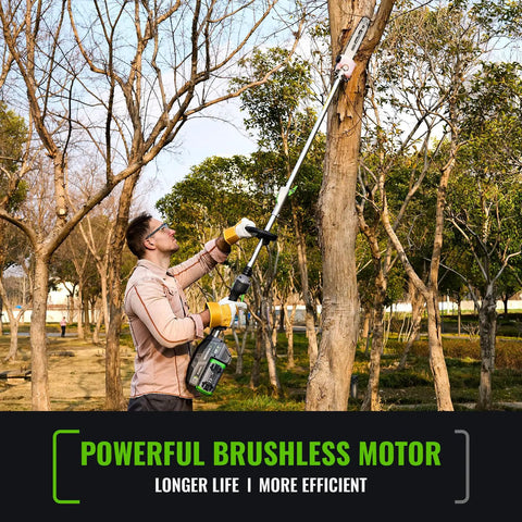 Man using Cordless Pole Saw With 60V Power For Heavy Duty Tree Trimming And Pole Extension 15 Foot Reach 10 Inch Cutting Bar