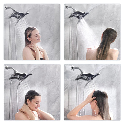 High Pressure Dual Shower Head Kit With Handheld And Rainfall Modes, 60 Inch Stainless Steel Hose, Chrome Finish in use