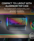 Premium Compact 75 Percent Layout Mechanical Gaming Keyboard Featuring Hot Swap Orange Tactile Switches Solid Aluminum Chassis on desk with RGB lighting.
