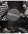 Close-up of the fan blades and logo for Compact Air Circulator Desk Fan For Bedroom, Home Office And Living Areas, 90 Degree Tilt Head.