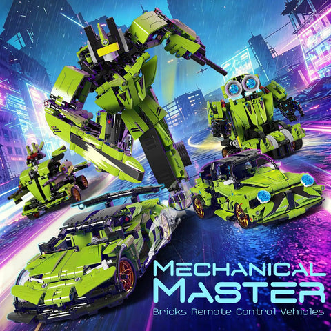 5 In 1 STEM Building Blocks Set With Remote Control Sports Car And Transform Robot, 591 Pieces, green car and robot assembled