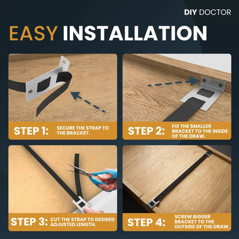 Drawer Repair Kit Easy Fix For Sagging Buckled Drawers 3 Pack Reinforcers installation steps diagram with brackets and straps.