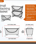 Diagram of small stacking wire basket with measurements and features, displaying modular design and raised feet.