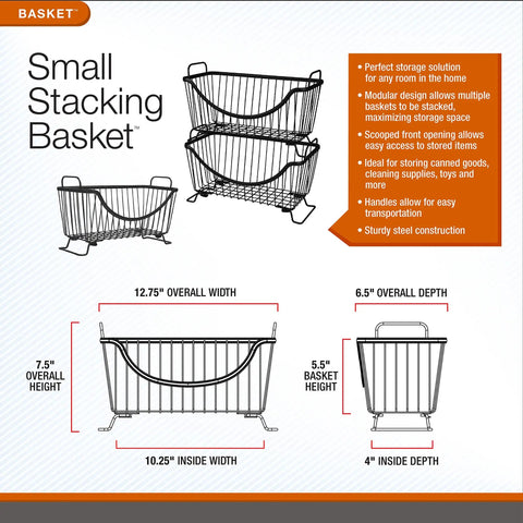 Diagram of small stacking wire basket with measurements and features, displaying modular design and raised feet.
