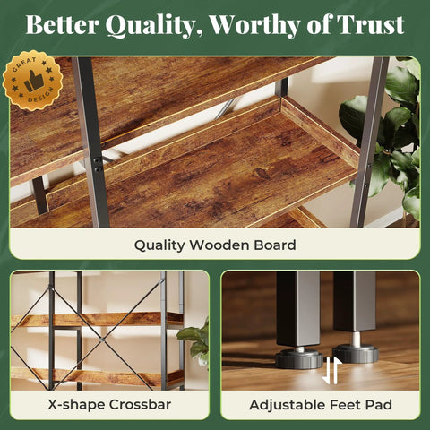 Sturdy 5 Tier Display Bookcase With 10 Open Shelves And Raised Backboard, 47.2 Inch Wide Shelf Unit With Metal Frame And Wooden Board, Adjustable Feet, Rustic Brown showing quality wooden board, X-shape crossbar, adjustable feet pad detail.