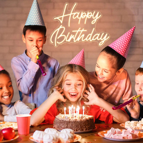 Children celebrating with Happy Birthday Neon Sign For Backdrop Small 16.5 X 12.2 Inches LED Light Up Birthday Sign With Dimmable Switch.