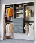 Top Shelf Grey Closet Organizer Kit Measuring 67.5 Inches Across with clothes, drawers, and shelves for efficient storage.