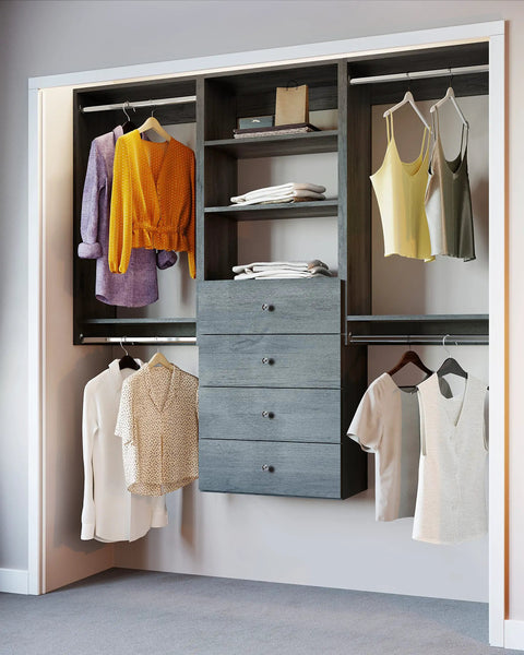 Top Shelf Grey Closet Organizer Kit Measuring 67.5 Inches Across with clothes, drawers, and shelves for efficient storage.