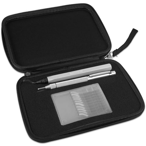 Badass Deburring Tool With Ten Spare Blades And Sharp Scribe Stored In A Rugged Zippered Case view from inside, featuring tools.