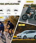 Collage of motorcycle, cyclists, and a white car showcasing the wide application of the brake bleeder kit for different vehicles.