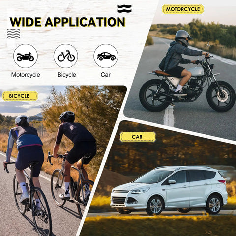 Collage of motorcycle, cyclists, and a white car showcasing the wide application of the brake bleeder kit for different vehicles.