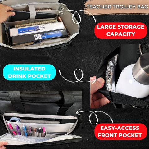 Interior view of rolling teacher tote bag with wheels and laptop compartment for school, office, travel, featuring large storage, insulated drink pocket, and easy-access front pocket.