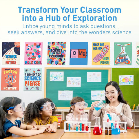 Dope Large Science Posters For Classroom And Study Area Science Themed Decor For Elementary And High School Educational Banners For Teaching Spaces Inspiring Scientific Posters Bundle 10 Pack, teacher with students in science class with colorful posters.