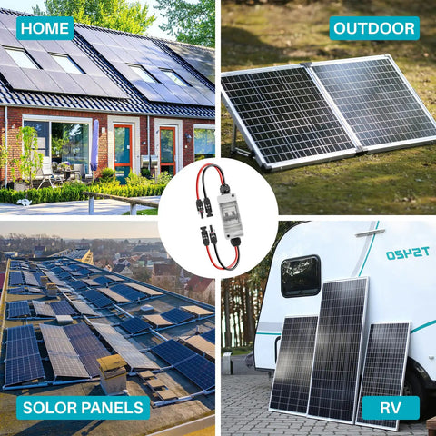 Heavy Duty Solar Disconnect Switch 1000V 30Amp DC Breaker Box Featuring Hella Weatherproof IP65 Housing shown with solar panels on home and RV.