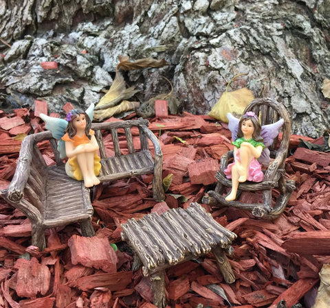 Three Piece Fairy Garden Furniture Set With Rustic Wood Bench, Rocking Chair And Mini Table For Your Garden Fairies Made From Resin