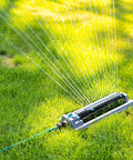 Beefy Heavy Duty Oscillating Sprinkler With 18 Hole Nozzle Zinc Alloy Base Adjustable Flow Control on grass
