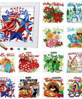 13 Piece Interchangeable Holiday Diamond Art Kit Set For Adults With Framed 5D Full Drill Gems Dope Seasonal DIY Craft Gift Includes Tools And Frames For Beginners Or Monthly Table Decor showing various holiday designs.