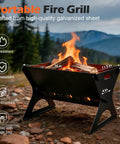 Portable Campfire Grill With Grate And Carry Bag Heavy Duty Outdoor Fire Pit showing flames and dimensions in natural setting