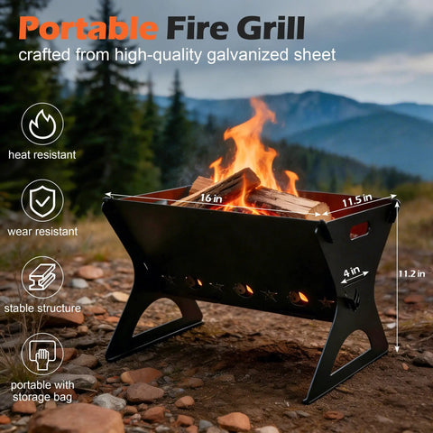 Portable Campfire Grill With Grate And Carry Bag Heavy Duty Outdoor Fire Pit showing flames and dimensions in natural setting