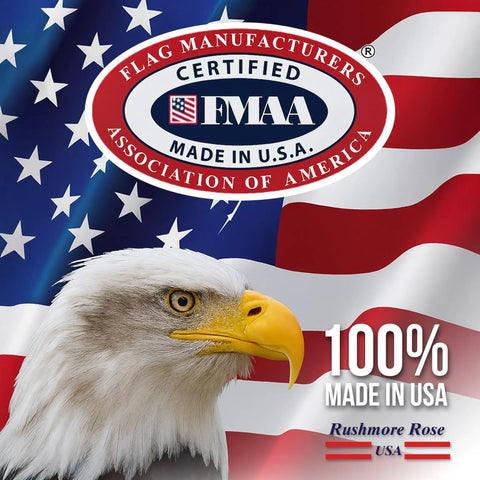 Eagle in front of a waving American flag featuring the FMAA certification, symbolizing the 100% USA-made Outdoor 3x5 American Flag With Brass Grommets.